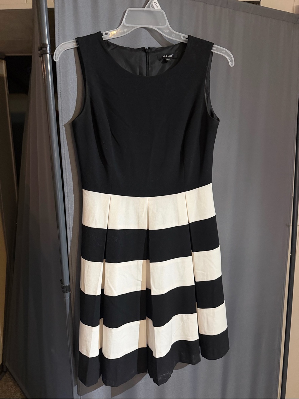 Nine West Black and White Striped Pleated Fit-and-Flare Dress